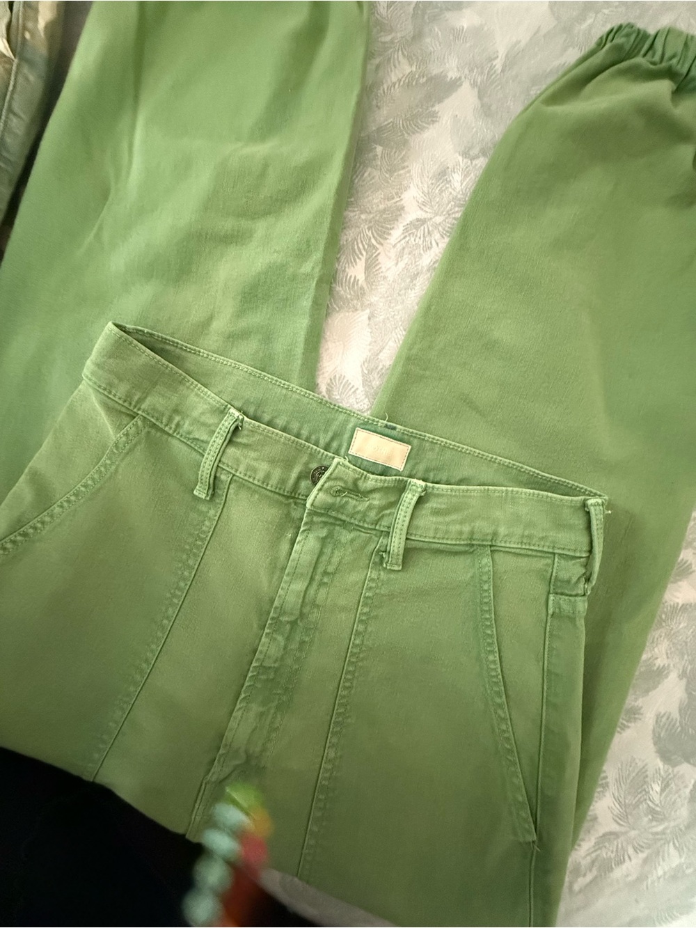 MOTHER Khaki Green Gathered Ankle Utility Jeans